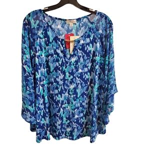 Misia Blue Floral Poncho Style Blouse Sheer Sleeve Keyhole Flowy Sleeve Size 1X